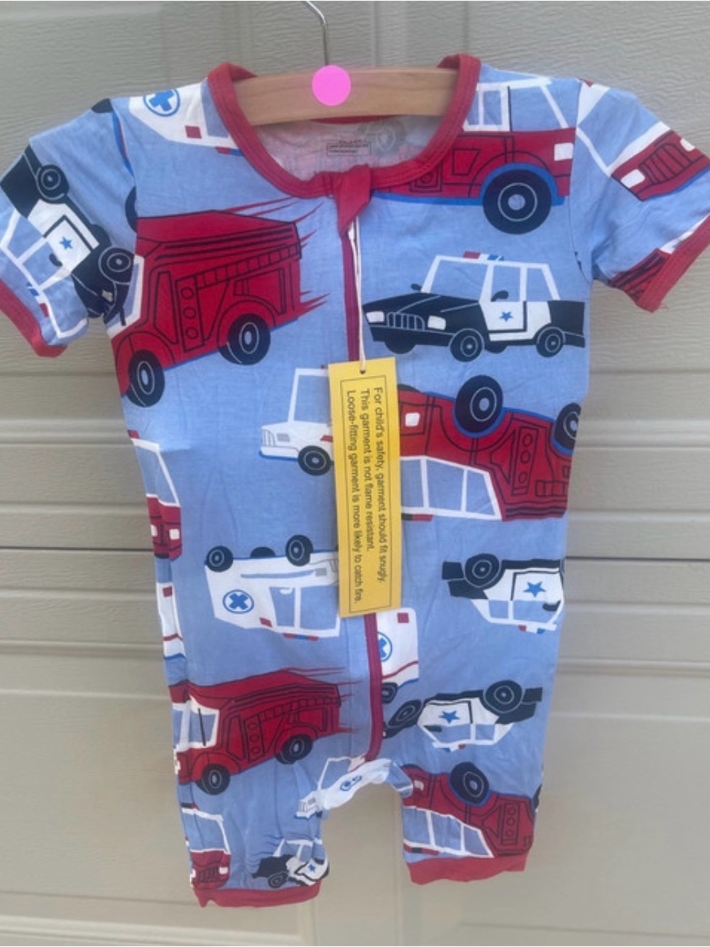 New Balance Light Blue Baby Footie with Red Fire Truck & Black Police Car Print